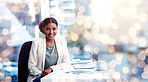 Bokeh, mockup and portrait of woman in office with tech, confidence and market research for startup business. Smile, pride and businesswoman at desk with recruiting info, space and digital agency.