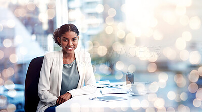 Buy stock photo Bokeh, mockup and portrait of woman in office with tech, confidence and market research for startup business. Smile, pride and businesswoman at desk with recruiting info, space and digital agency.