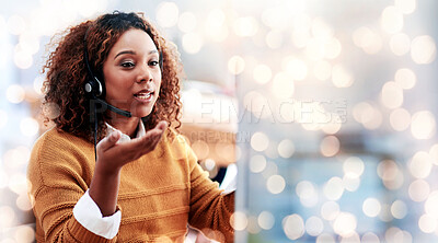 Buy stock photo Business woman, call center and speaking on computer for communication, customer support or advice with mockup space. Professional african consultant with information or virtual chat in bokeh overlay