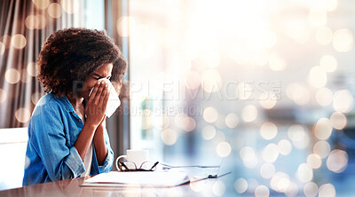 Buy stock photo Woman, blowing nose and allergies while working from home, sick with virus and banner, mockup space and bokeh. Health crisis, flu and freelancer with toilet paper for sinus infection and remote work
