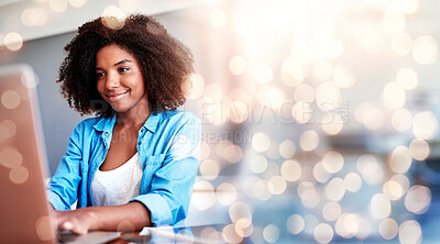 Buy stock photo Face, businesswoman and typing on laptop with banner, bokeh and overlay in mock up for research, data or analytics. Person, happy and smile in space for writing, digital marketing or programming 