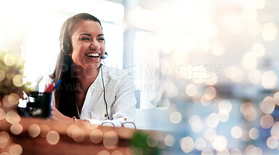 Buy stock photo Happy woman, call center and laughing on bokeh background in customer service or telemarketing at office. Friendly female person, consultant or agent smile in online advice or funny joke at workplace