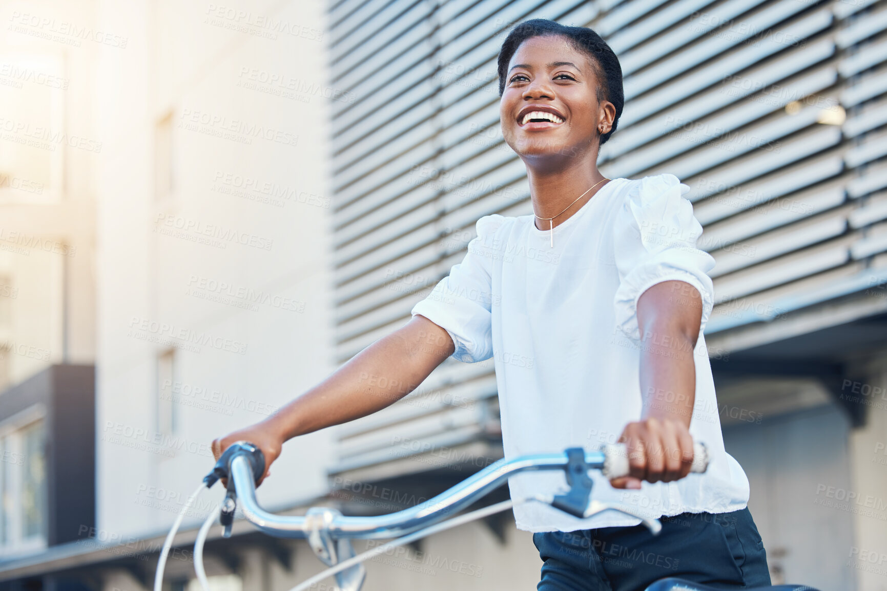 Buy stock photo Happy, city and a black woman with a bike for travel, weekend fun or sustainable transport. Smile, thinking and a young African girl with transportation or a bicycle for a carbon neutral commute