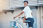 Black woman, bicycle commute and thinking on road in city with sustainability travel, ride and morning with smile. Happy worker, female professional and employee with bike outdoor with in a street