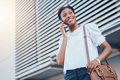 Buy stock photo Phone call, walking and young woman in city with communication, discussion or networking. Happy, technology and African female person on mobile conversation with cellphone commuting in town street.