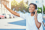 Phone call, wave and taxi with a black woman in the city during a summer commute on the street or sidewalk. Mobile, travel and transport with a happy young person outdoor on a road in an urban town