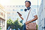 Phone, walking and young woman in the city networking on social media, mobile app or the internet. Happy, technology and African female person scroll on cellphone and commuting in urban town street.