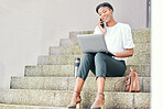 Woman, laptop and phone call for remote work on stairs with thinking, smile and ideas for networking. Freelance copywriting expert, computer and happy for deal, vision and problem solving for project