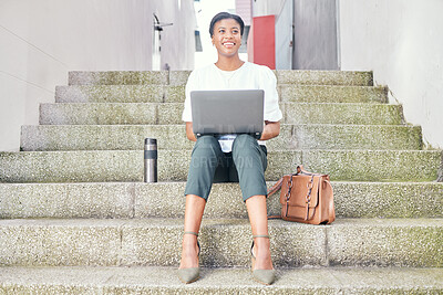 Buy stock photo African woman, laptop and remote work on stairs with thinking, smile and idea for networking. Email or copywriting search, computer or happy for vision, problem solving or solution for project