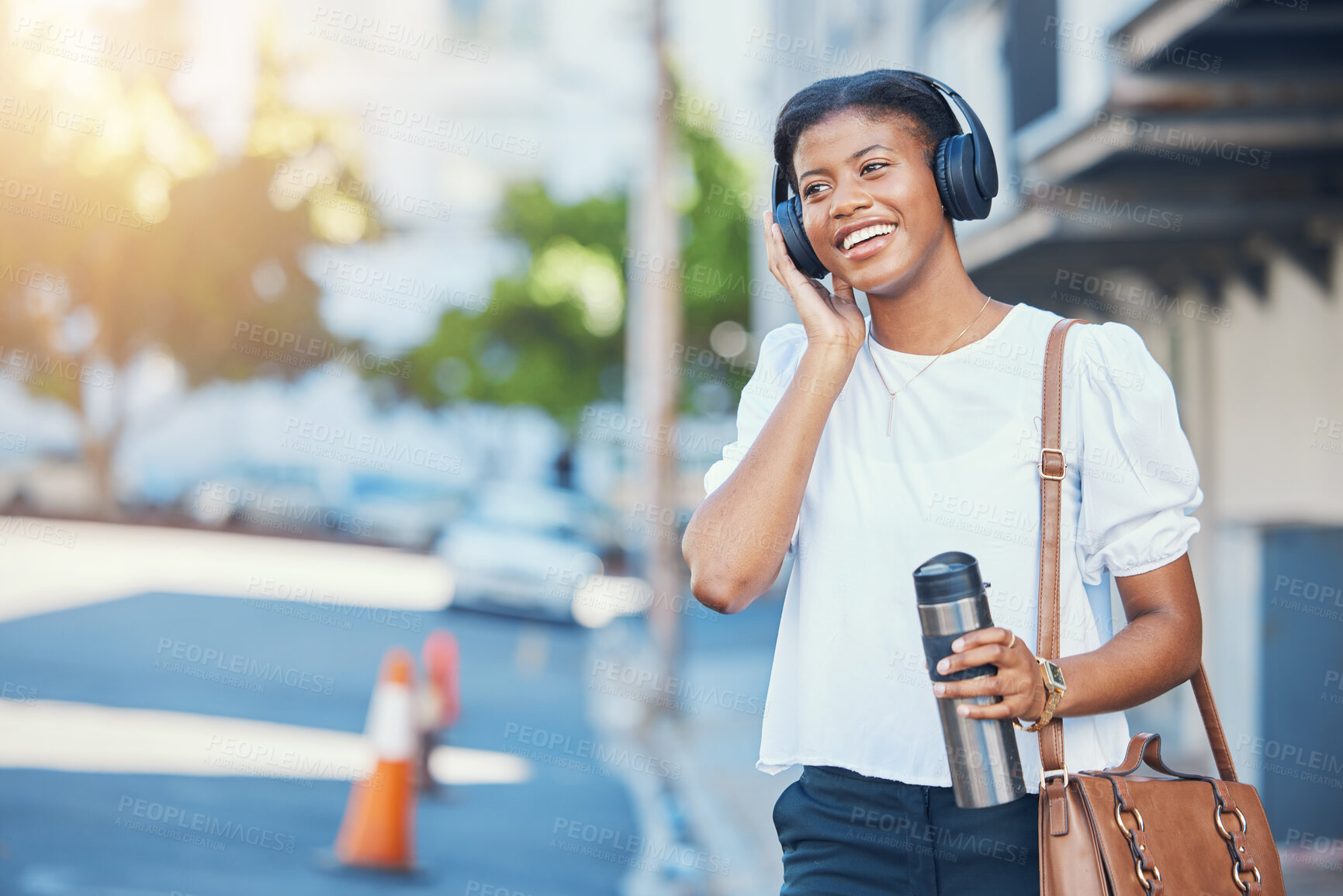 Buy stock photo Black woman, work commute and music in city with work travel, headphones and morning with smile. Happy, female professional and employee in a street outdoor with confidence and web audio in town