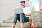 Woman, laptop and typing remote work on stairs with thinking, smile and ideas for content creation. African copywriting expert, computer and happy for vision, data analysis and solution for project