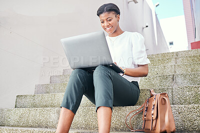 Buy stock photo Woman, laptop and typing remote work on stairs with thinking, smile and ideas for content creation. African copywriting expert, computer and happy for vision, planning and solution for project