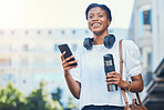 Cellphone, coffee and young woman in the city networking on social media, mobile app or the internet. Happy, flask and African female person scroll on website with phone walking in urban town street.