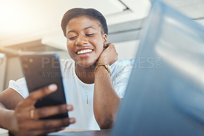 Buy stock photo Phone, office and happy business woman with laptop on break for social media, internet and online chat. Corporate, workplace and person on smartphone and computer for website, research and networking