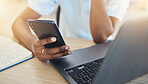 Closeup, woman and hand with phone for communication, social media or schedule of business meeting in New York. African person, analyst and technology at desk for contact, email or internet in office