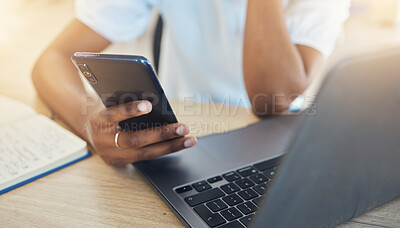 Buy stock photo Woman, hand and phone with laptop for communication, social media or schedule of business in closeup. Female, analyst and technology at desk for contact, email and internet for search in office