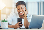 Phone, office and happy business woman at desk on break for social media, internet and online chat. Corporate, workplace and person on smartphone and computer for website, research and networking