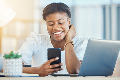 Buy stock photo Phone, office and happy business woman at desk on break for social media, internet and online chat. Corporate, workplace and person on smartphone and computer for website, research and networking