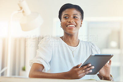 Buy stock photo Tablet, office and happy business black woman for social media, internet and online email. Corporate, professional and person on digital technology for website, research and networking at desk