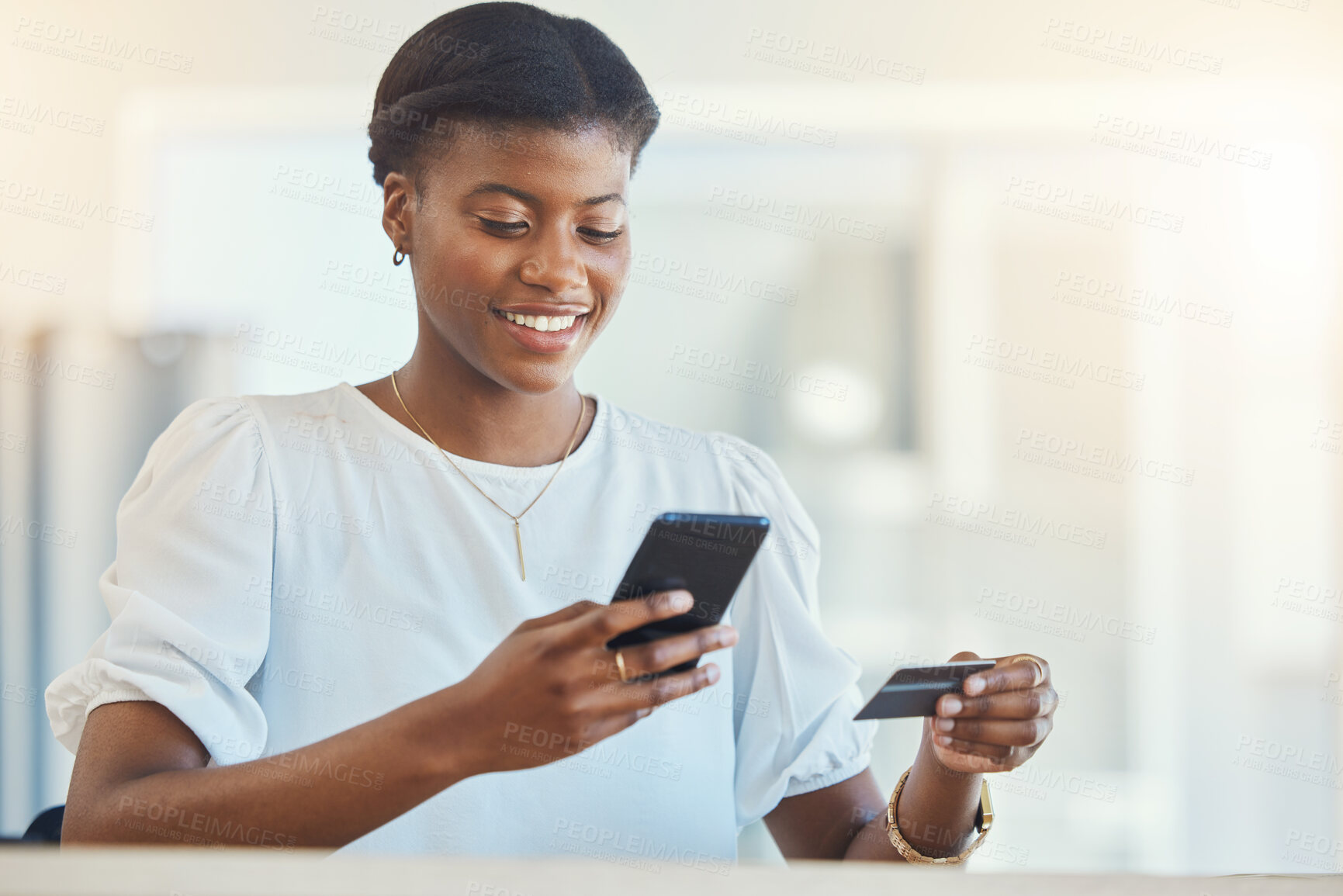 Buy stock photo Black woman, business credit card and smartphone, online shopping and fintech with smile, payment and finance. Corporate account, using phone for mobile banking and app, happy worker with e commerce