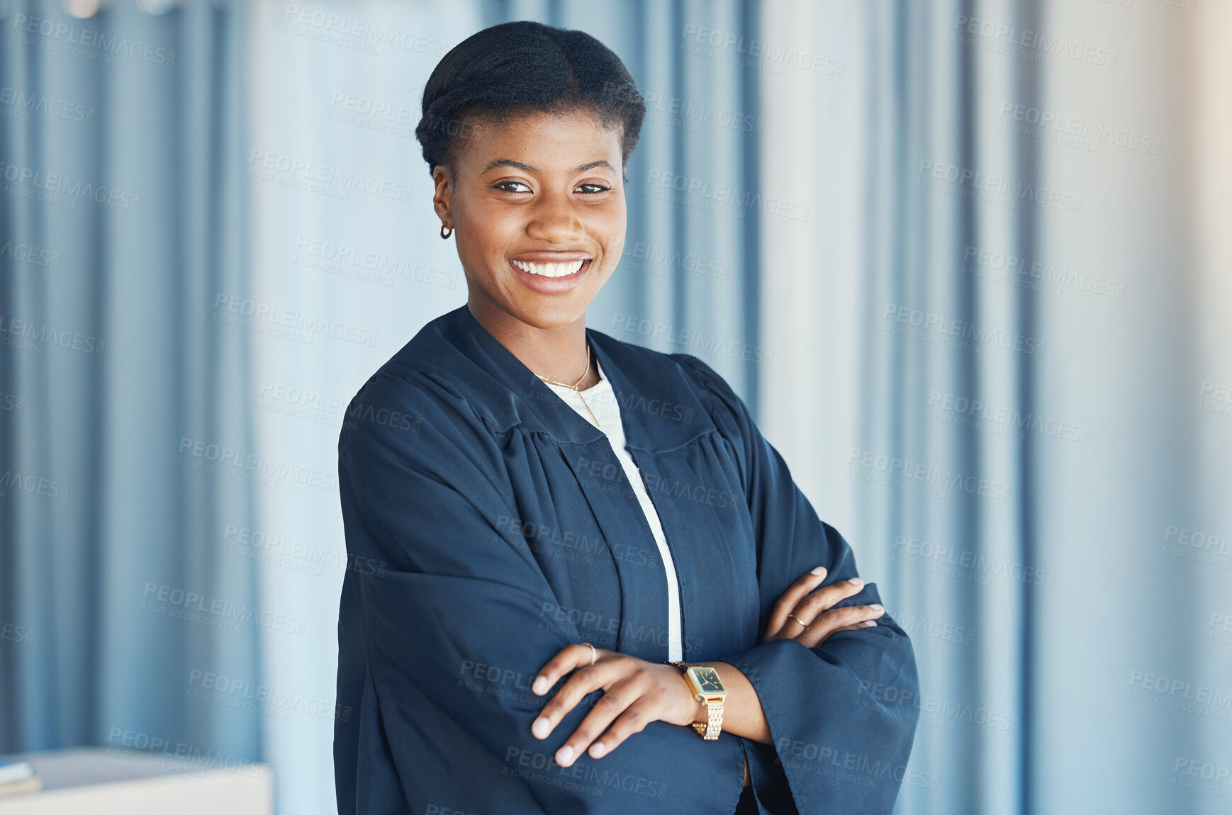 Buy stock photo Lawyer, portrait and black woman in office with arms crossed in confidence for justice, law firm and legal career. Judge, smile or face of attorney with pride in court or human rights advocate