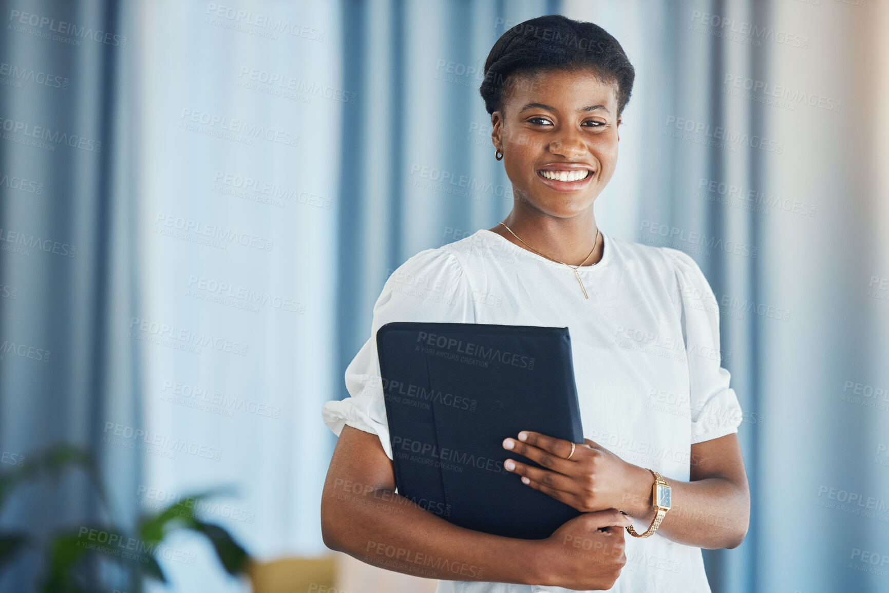 Buy stock photo Portrait, smile and black woman with tablet in office for business work in startup company. Face, technology and creative professional entrepreneur, African designer and confident employee in Nigeria