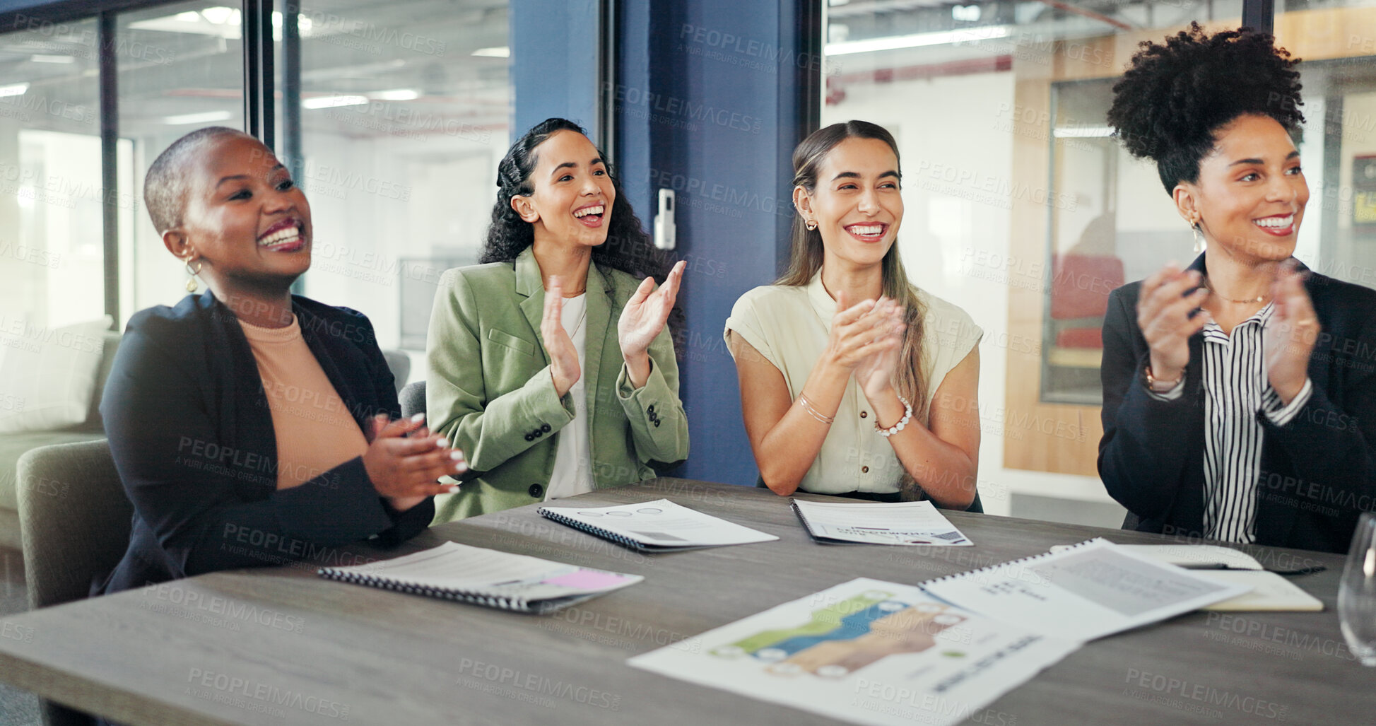 Buy stock photo Business women, meeting applause and team for success, support or thank you and excited in marketing workshop. Professional group of people clapping and celebration of project news or congratulations