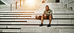 Outdoor, fitness and black man with smartphone, stairs and online reading with social media, connection and relax. African person, healthy runner and athlete with cellphone, digital app and network