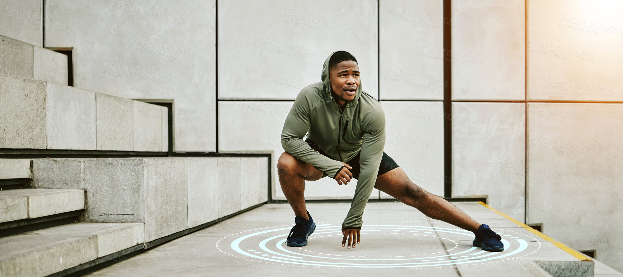 Buy stock photo Exercise, hologram and flare with a man stretching on stairs in the city for the start of his workout routine. Fitness, warm up and futuristic sports with a young african athlete in an urban town