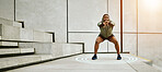 Fitness, target and flare with a man stretching on stairs in the city for the start of his workout routine. Exercise, warm up and special effects with a young african athlete in an urban town