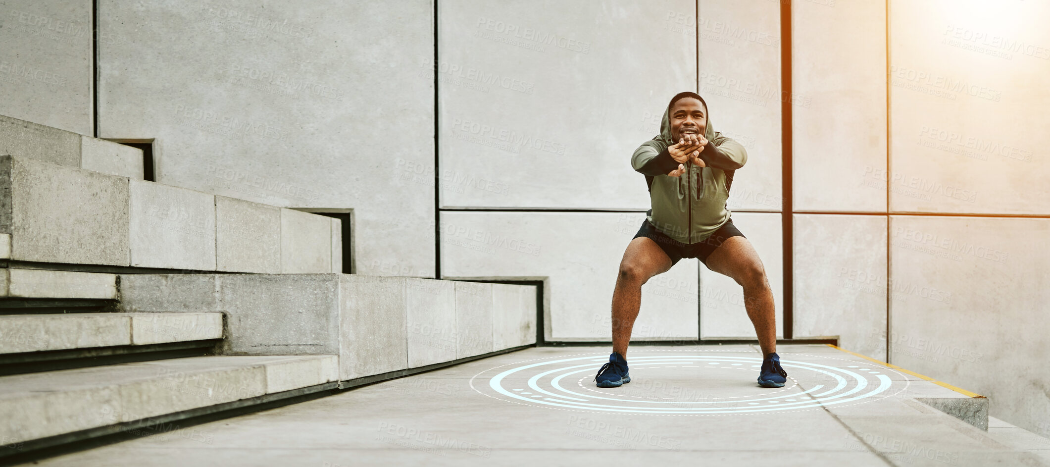 Buy stock photo Fitness, target and flare with a man stretching on stairs in the city for the start of his workout routine. Exercise, warm up and special effects with a young african athlete in an urban town