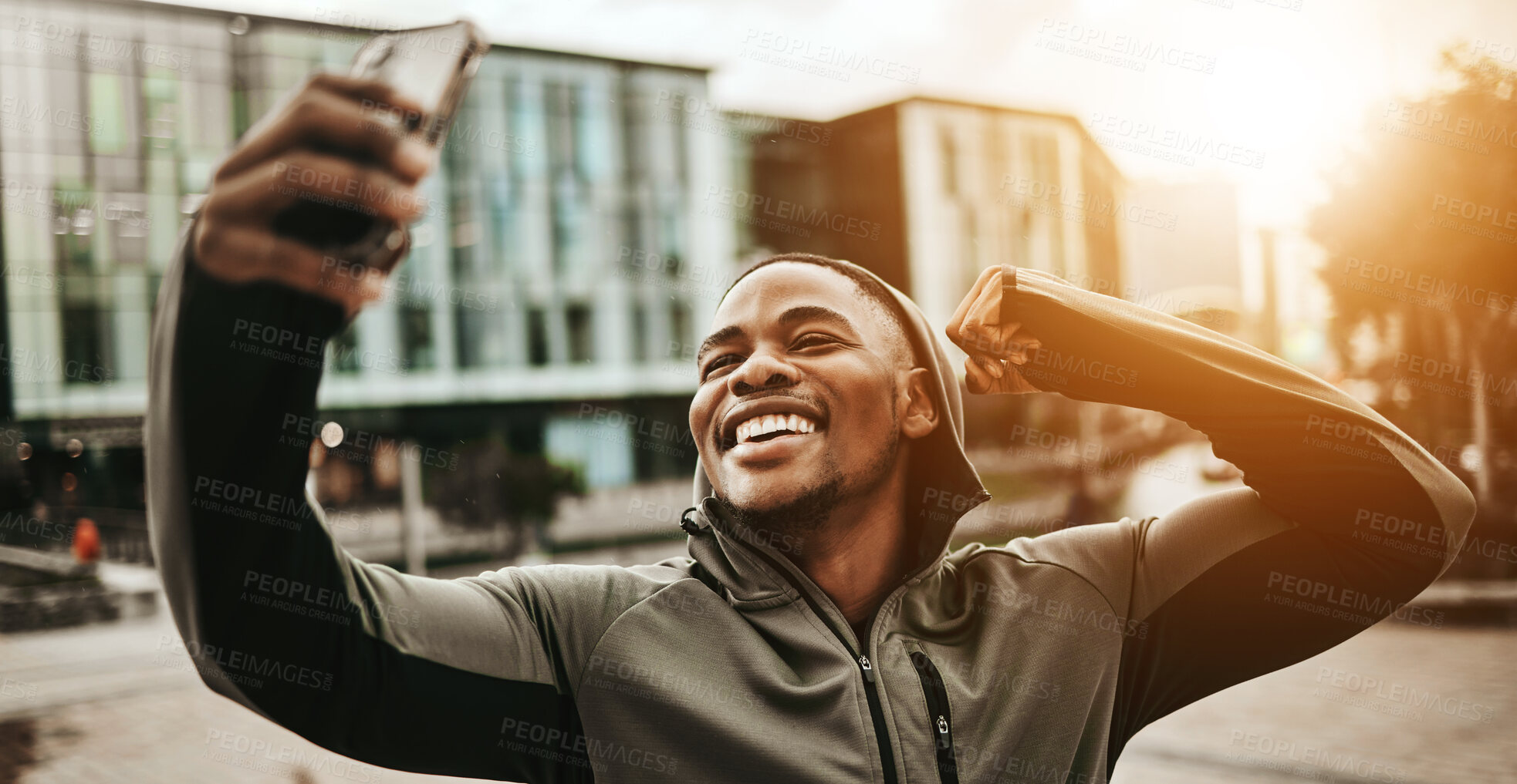 Buy stock photo Happy black man, city and selfie for fitness or photography after running, training or exercise. Active African male person smile and flexing for sports photograph, picture or memory in an urban town