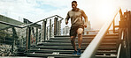 Fitness, city and black man running on steps outdoor, exercise and training healthy body in the morning. Sports, cardio and African athlete on stairs for endurance workout, energy or jog for wellness