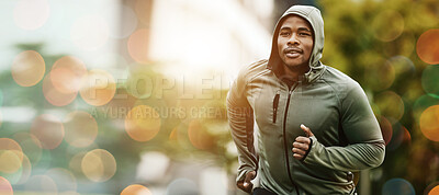 Fitness, bokeh and black man running outdoor, exercise or training healthy body in the morning in winter. Sport, cardio and African athlete workout, jog for wellness or energy for endurance in nature