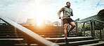 Fitness, city and black man running on steps outdoor, exercise and training healthy body in the morning at sunrise. Sports, cardio and African athlete on stairs for workout, wellness and lens flare