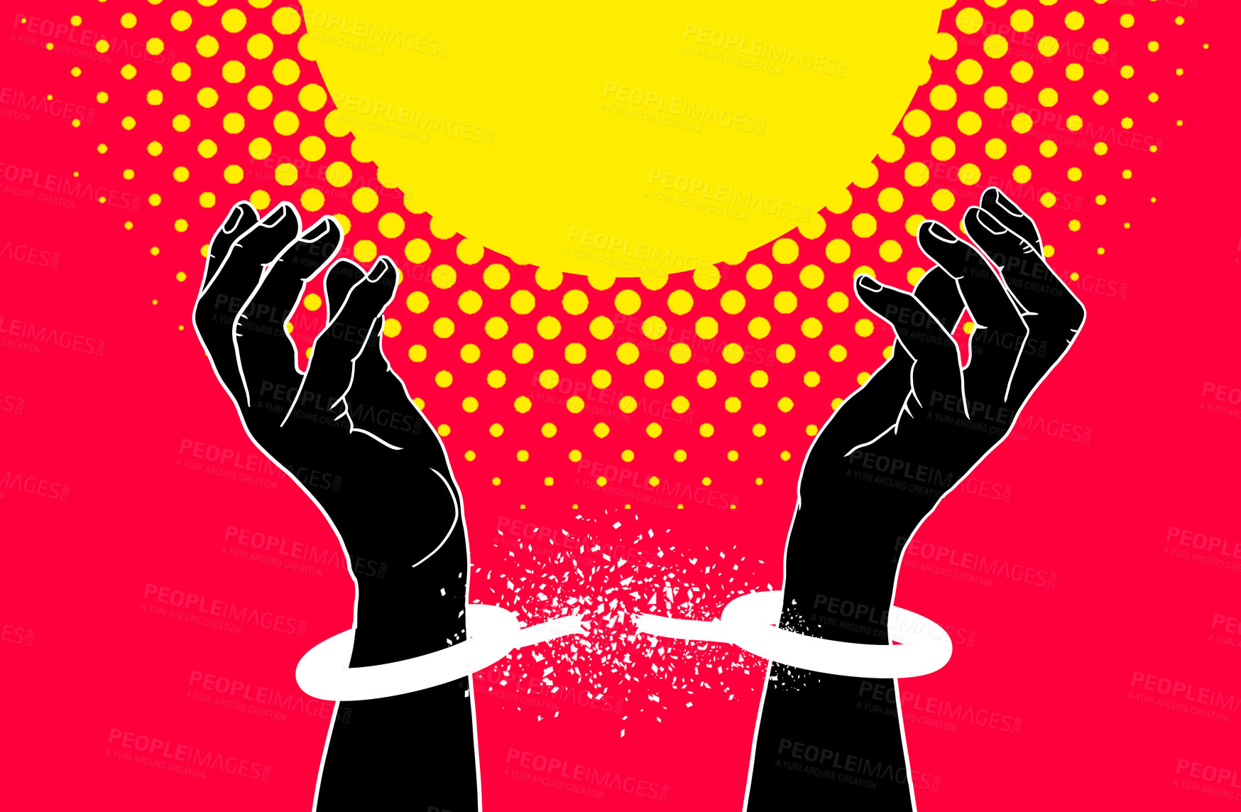 Buy stock photo Hands, break cuffs and freedom in illustration, art or strong for human rights, stop oppression or red background. Protest, power and justice for equality, end modern slavery and creativity for peace