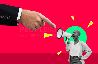 Buy stock photo Woman, megaphone and protest art by red background for human rights, power and solidarity for equality. Hand overlay, support and point with oppression, goals or government compliance with opinion
