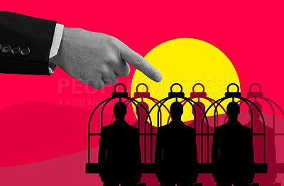 Buy stock photo Hand, pointing and corporate slavery in cage, abuse and inequality on overlay. Finger, group and boss with workers in prison for authority, business management and graphic illustration of oppression