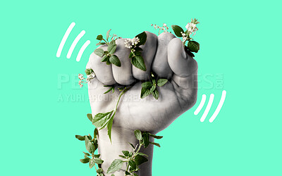 Buy stock photo Fist, climate change and protest for support with leaves, ecology art or sustainability by green background. Hand, plants and power with opinion for accountability, carbon footprint or global warming