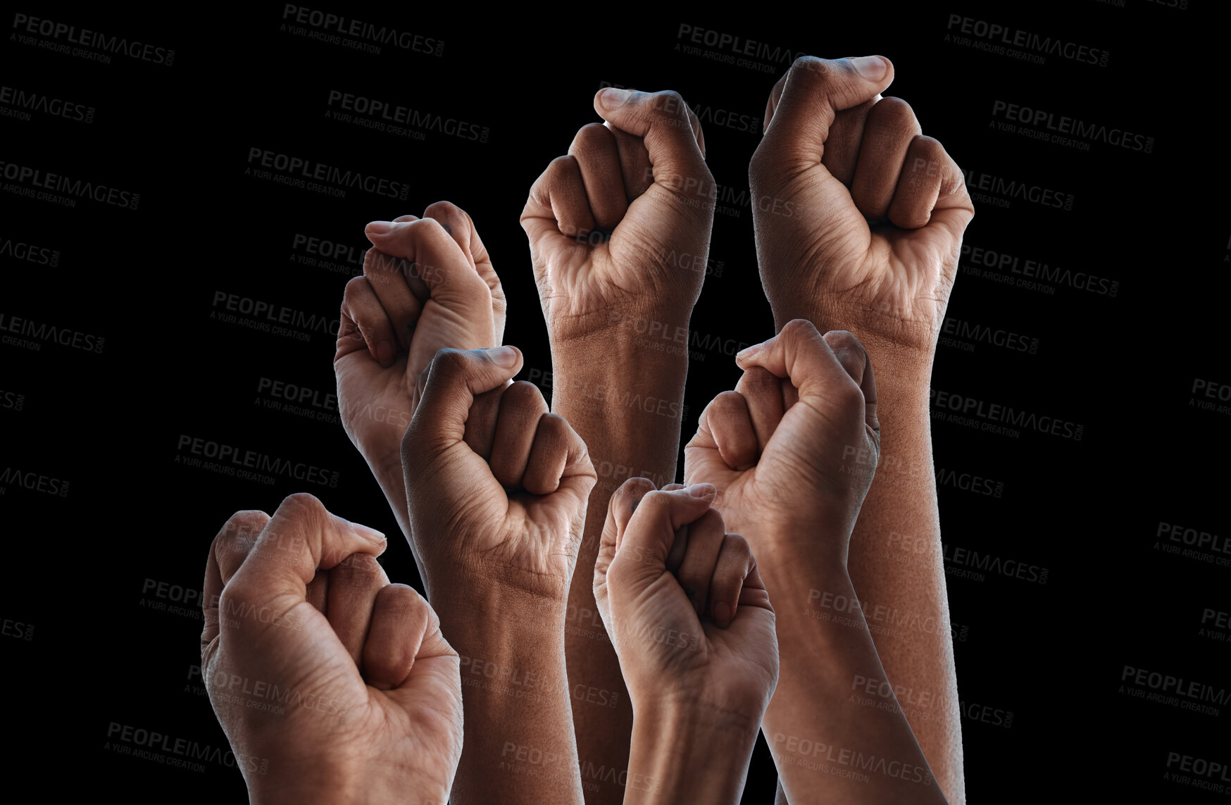 Buy stock photo Fist, group protest and together by black background for human rights, power or solidarity for equality. People, support and strong with hands, air or change for motivation, goal or fight for justice