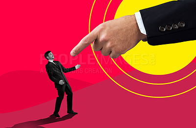 Buy stock photo Boss, oppression and finger pointing businessman as graphic illustration with red background as management. Abuse, pressure and art of manager angry at corporate employee with authority or power