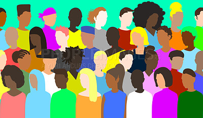Buy stock photo Diversity, freedom and equality with a group of people together in a crowd or audience as a poster. Peace, community or human rights with an image of different men and women on a color backdrop