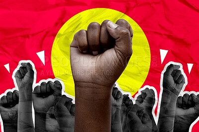 Buy stock photo Fist, protest and fighting for human rights with people on a red background together to rally a crowd. Hands, power and equality with an adult group at a march for freedom, justice or change