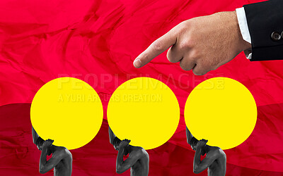 Buy stock photo Hand, oppression and a black man walking with a heavy burden on a red background for human rights. Pointing, weight and struggle with a vector poster of a person fighting for equality in color