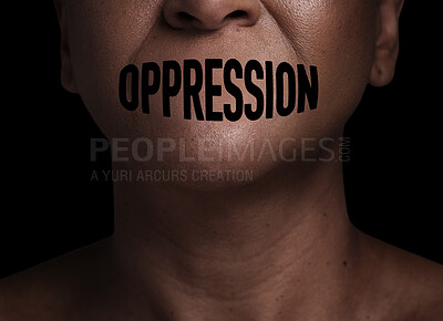 Buy stock photo Woman, mouth and silence for oppression, closeup and text overlay for human rights by black background. Person, cover lips and stop freedom of speech, voice and danger for justice, abuse or warning