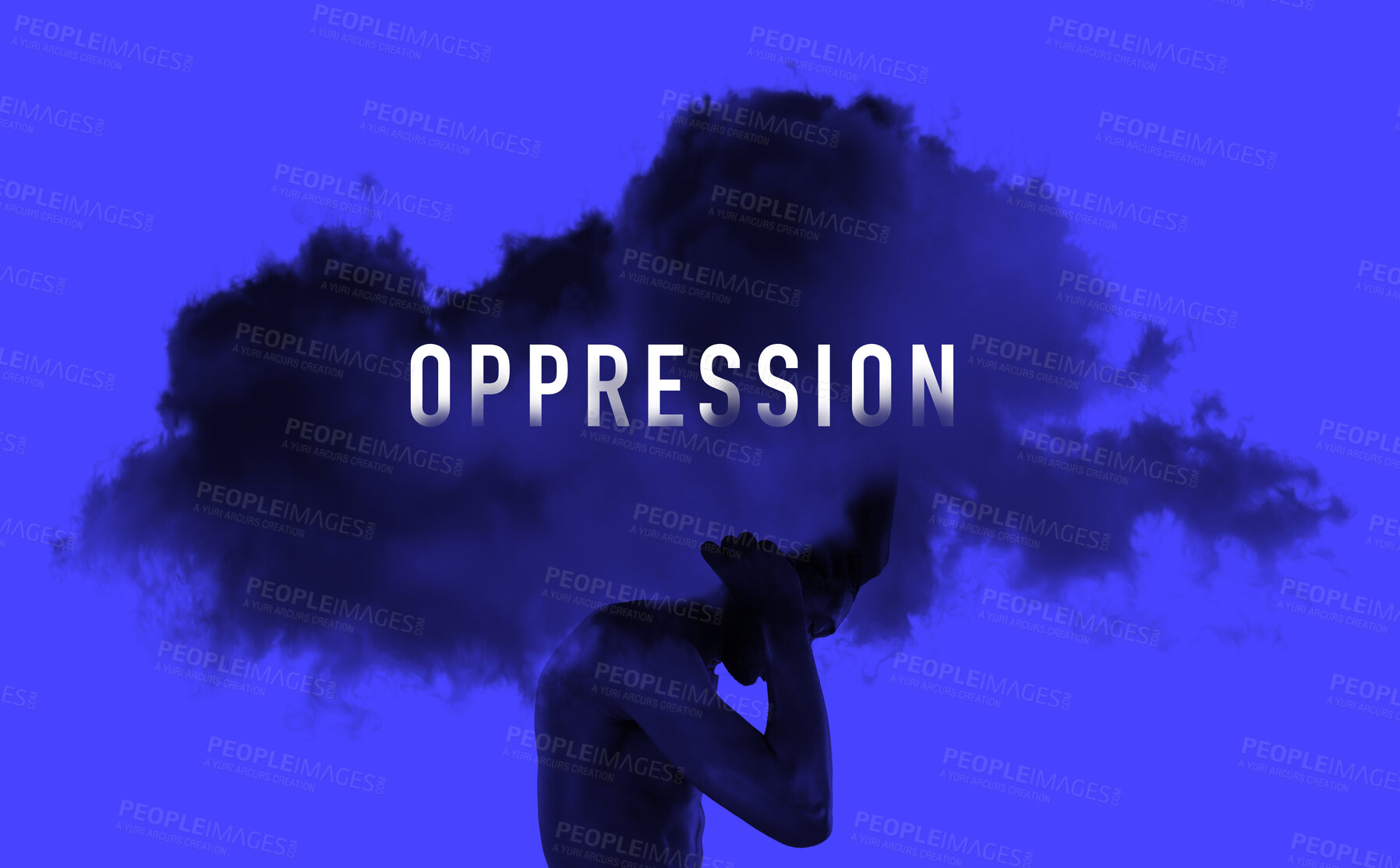 Buy stock photo Oppression, cloud and pain of man with heavy burden, carrying weight or struggle of abuse on a blue background. Challenge, pressure and person fighting for human rights, equality and freedom