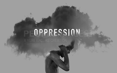 Buy stock photo Oppression, cloud and black man with heavy burden, carrying weight or struggle of abuse on a gray background. Challenge, pressure and person fighting for human rights, equality and freedom on overlay