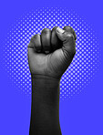 Fist, protest and closeup for art by blue background for human rights, power or solidarity for equality. People, support and hand in air for motivation, goal and opinion for politics, justice or vote