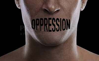Buy stock photo Man, mouth and silence for oppression, closeup and text overlay for human rights by black background. Person, cover lips and stop freedom of speech, voice and danger for justice, abuse and warning