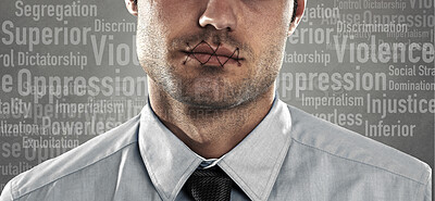 Buy stock photo Man, lips and silence in studio for freedom, violence and fight with text overlay for protest. Human rights, person and thread on mouth for oppression, equality and empowerment with abuse or justice